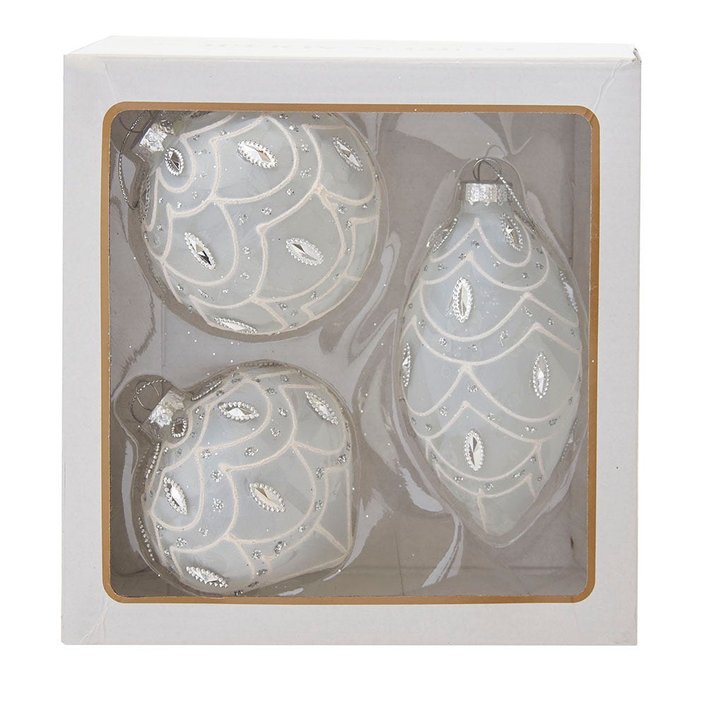 Kurt Adler 80MM White Glass Ball Finial and Onion, 3-Piece Set GG0983